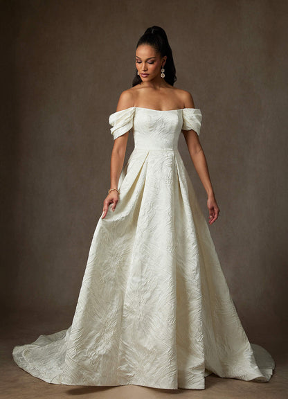 Antique White Ball-Gown Floral Jacquard Dress