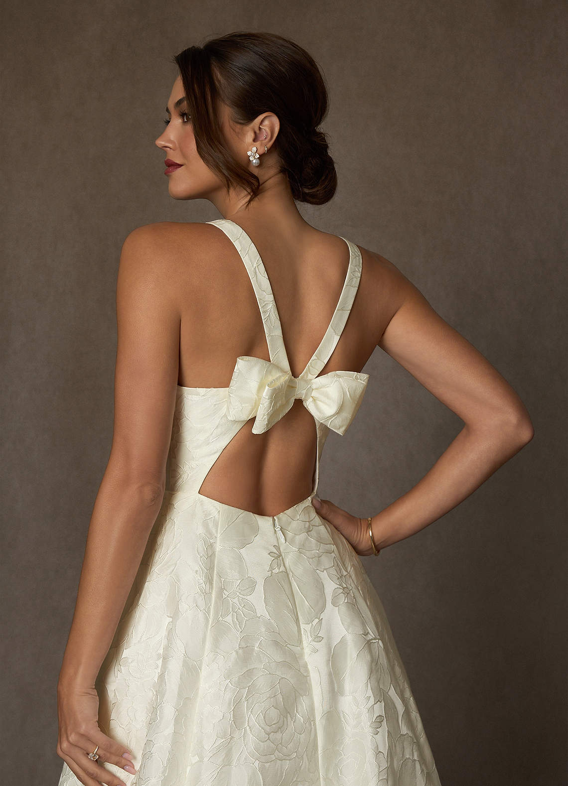 Antique White Ball-Gown Strap Floral Jacquard Dress