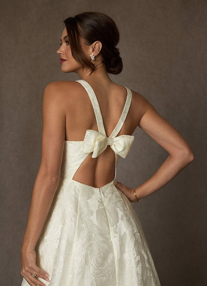 Antique White Ball-Gown Strap Floral Jacquard Dress