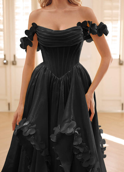 Elysia Black Corset Rhinestone Sheer Lace Prom Dress