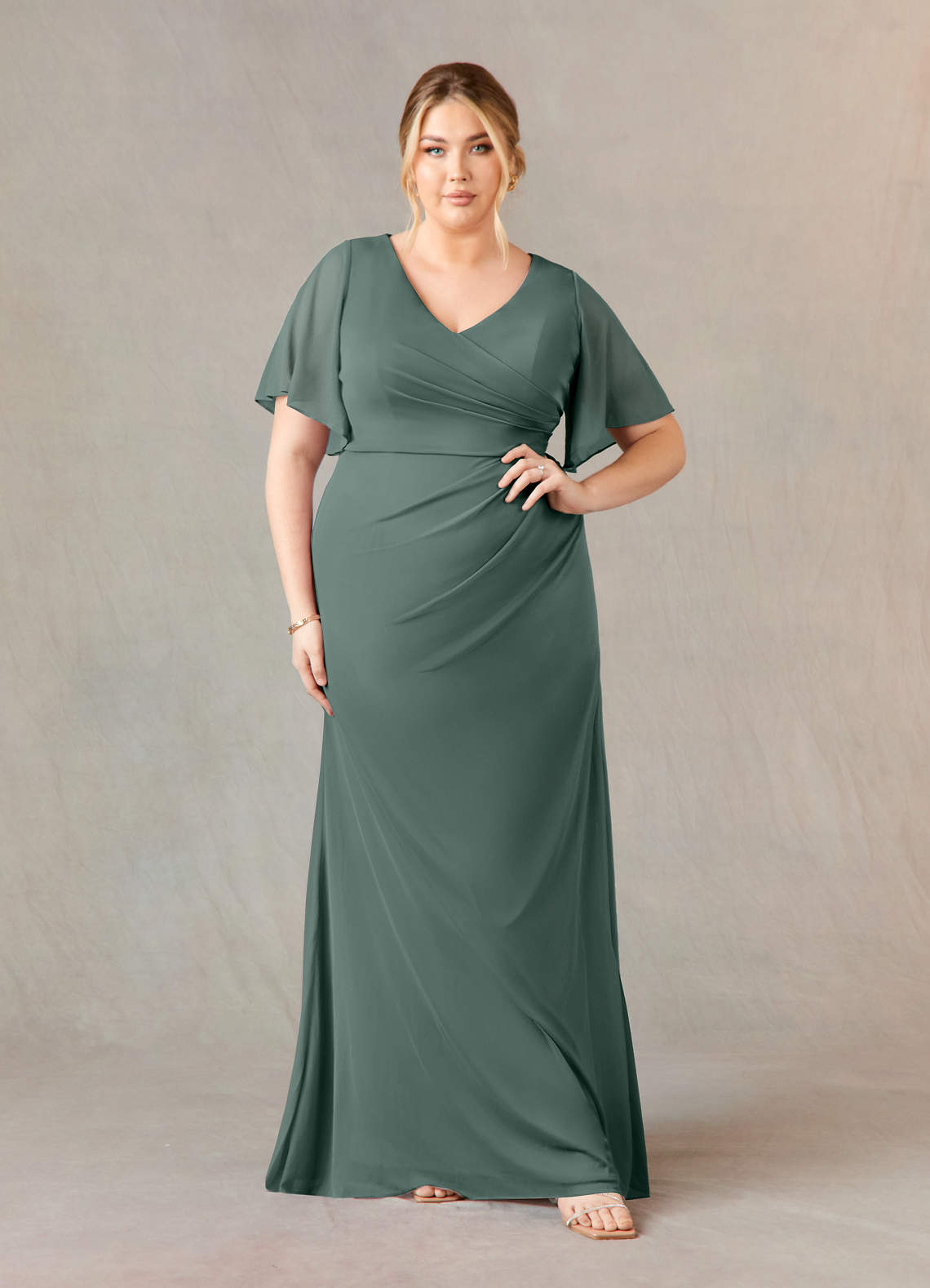 Eucalyptus A-Line V-Neck ruched Mesh Dress