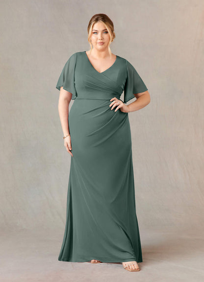 Eucalyptus A-Line V-Neck ruched Mesh Dress