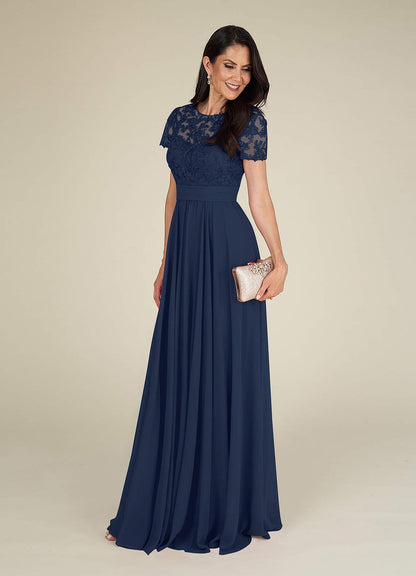 Dark Navy A-Line Lace Chiffon Dress