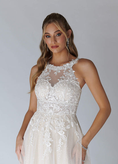 Diamond White Champagne A-Line Sequins Tulle Dress