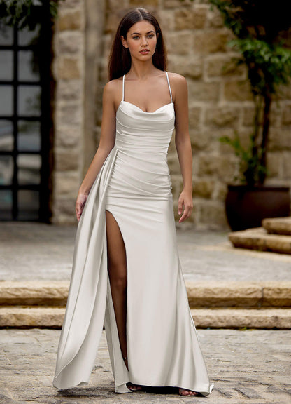 Drape White Satin Prom Dress