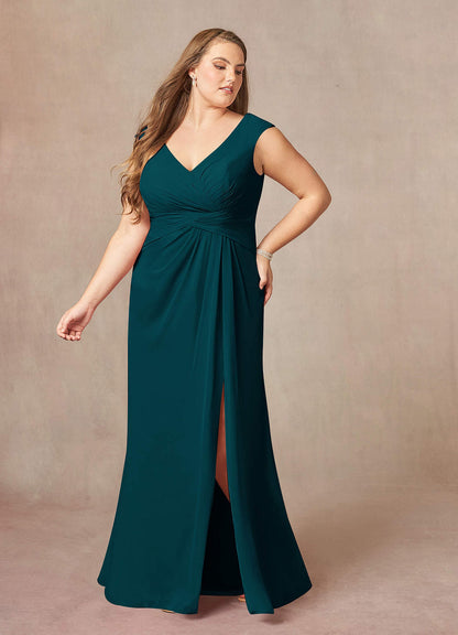 Pine A-Line V-Neck Pleated Chiffon Dress