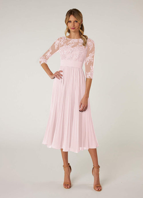 Blushing Pink A-Line Boatneck Lace Chiffon Dress