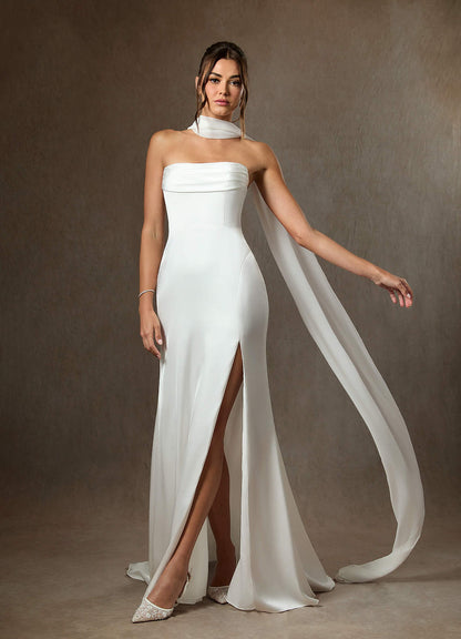 Diamond White Sheath Side Slit Stretch Satin Dress