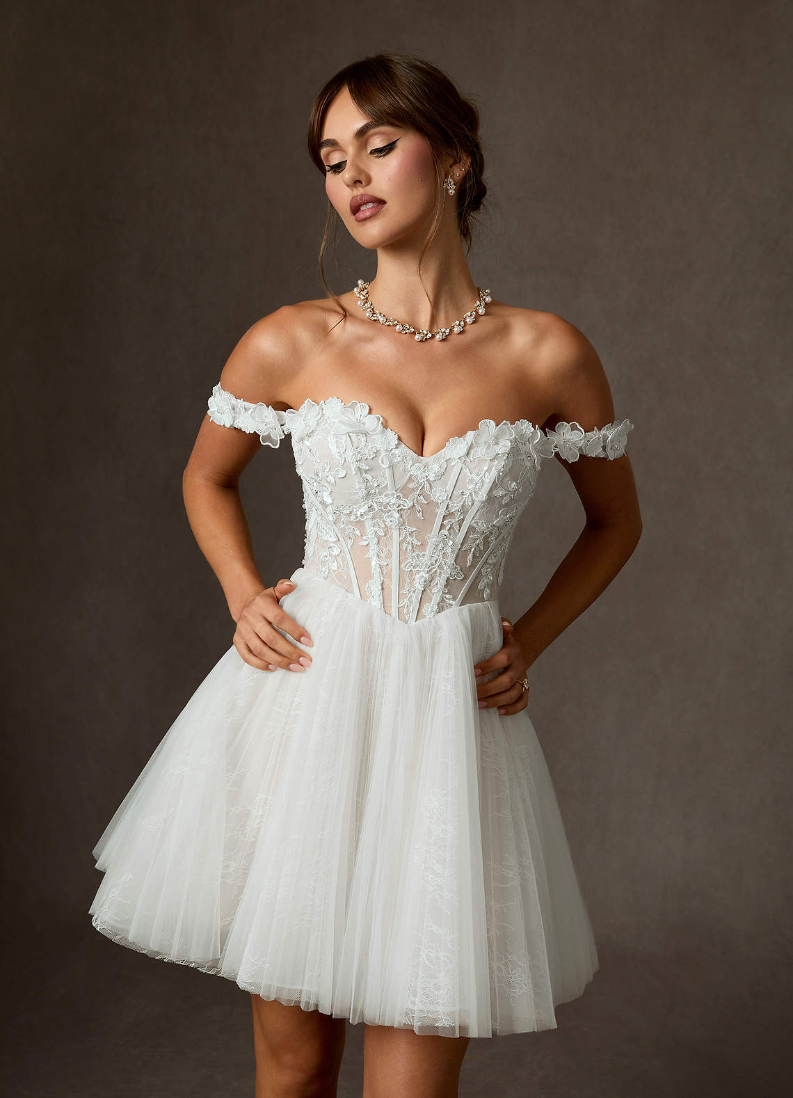 Diamond White Ball-Gown Off the Shoulder Lace Dress