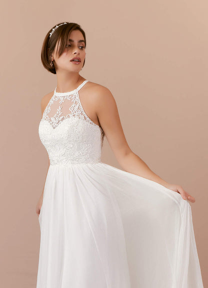 Diamond White A-Line Lace Crinkle Chiffon Dress