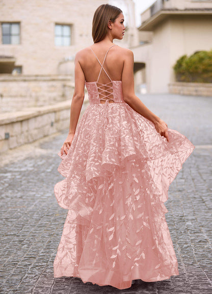 Valentina Pink Embroidered Jacquard Sheer Prom Dress  Dress