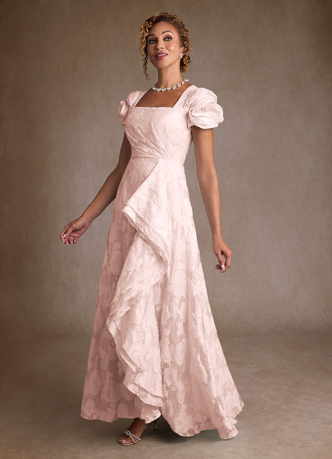 Light Pink Jacquard A-Line Pleated Floral Jacquard Dress