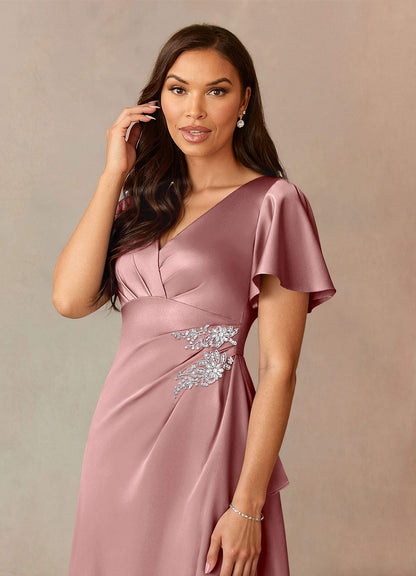 Dusty Rose A-Line Pleated Stretch Satin Dress