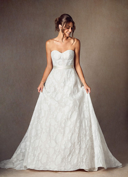 Diamond White Ball-Gown Strapless Floral Burnout Jacquard Dress