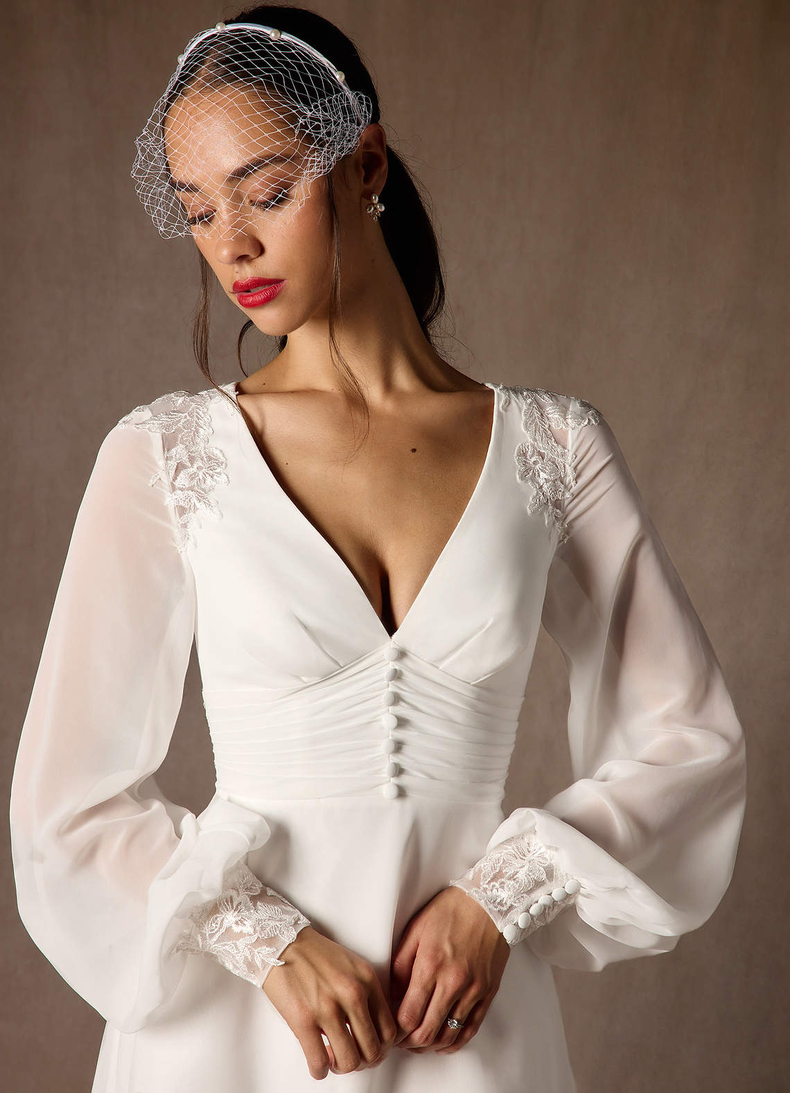 Diamond White A-Line V-Neck Lace Chiffon Dress