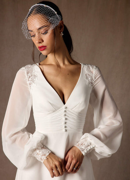Diamond White A-Line V-Neck Lace Chiffon Dress