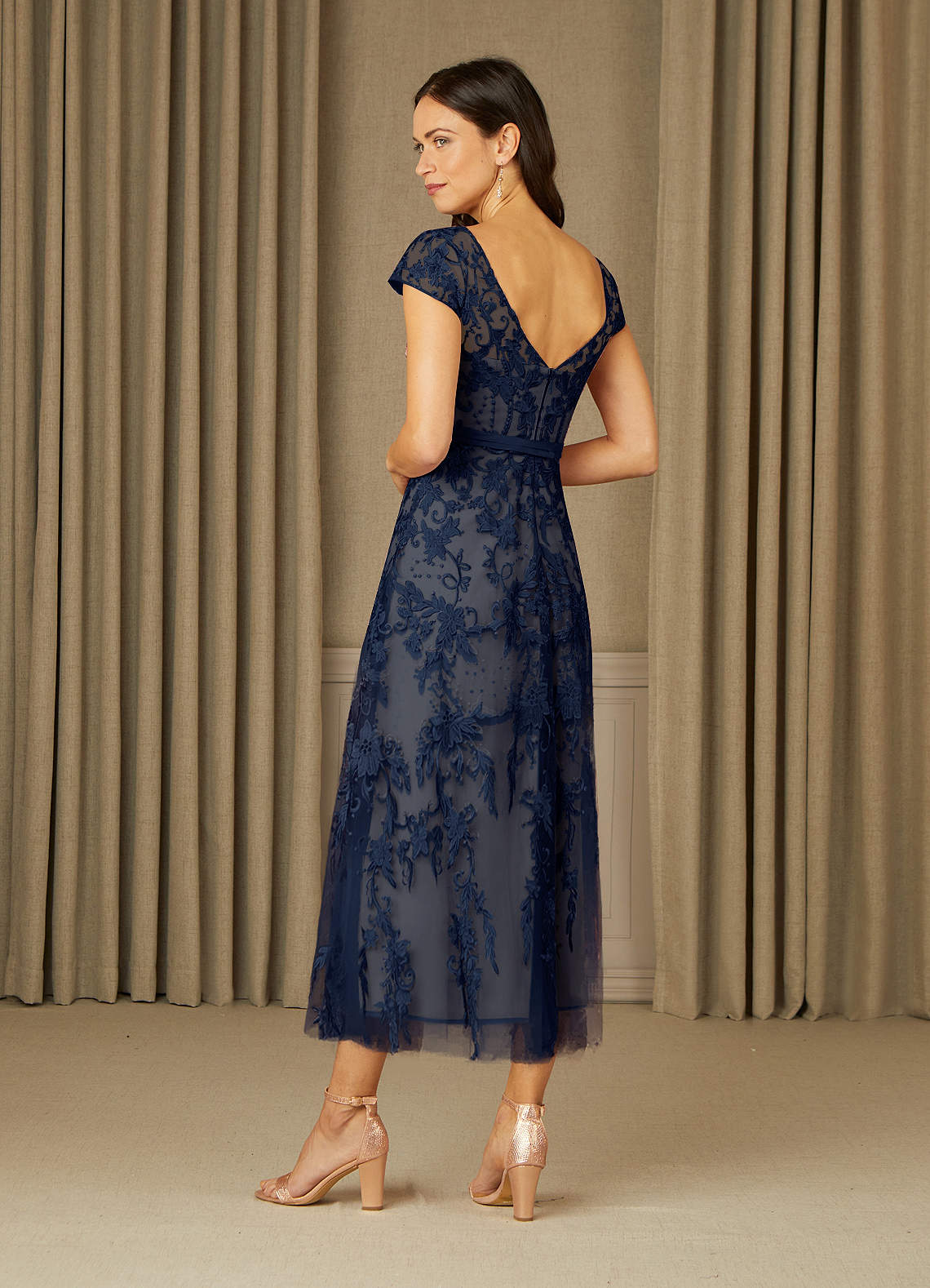 Dark Navy Champagne A-Line Scoop Lace Tulle Dress