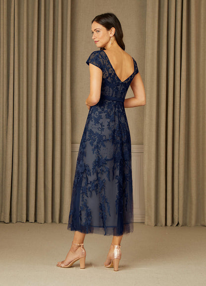 Dark Navy Champagne A-Line Scoop Lace Tulle Dress