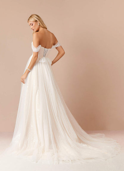 Diamond White Champagne A-Line Off the Shoulder Tulle Dress