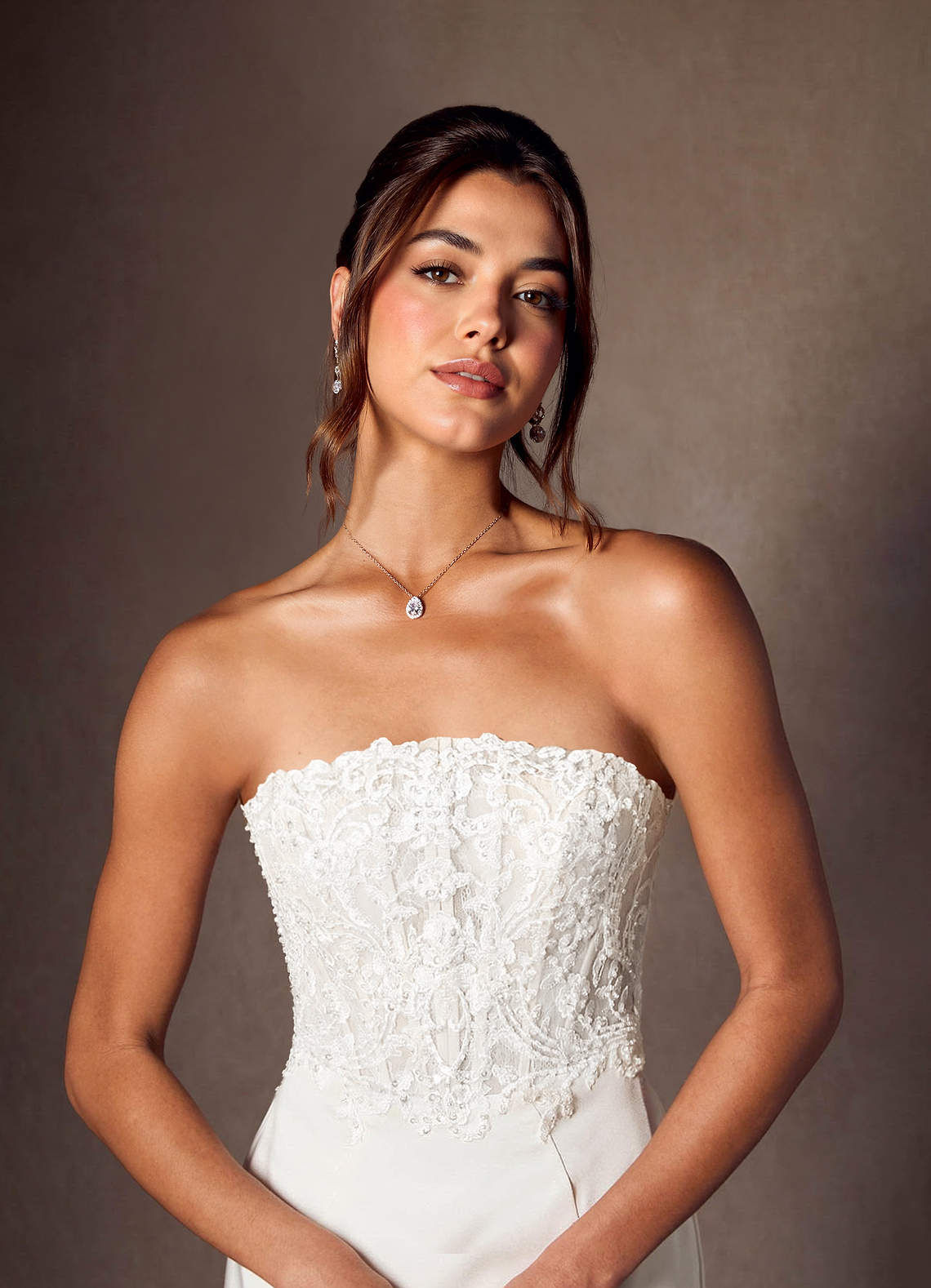 Diamond White Mermaid Lace Crepe Back Satin Dress
