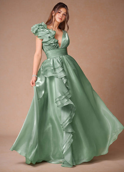 Vespera Sage Ruffles Gown  Dress