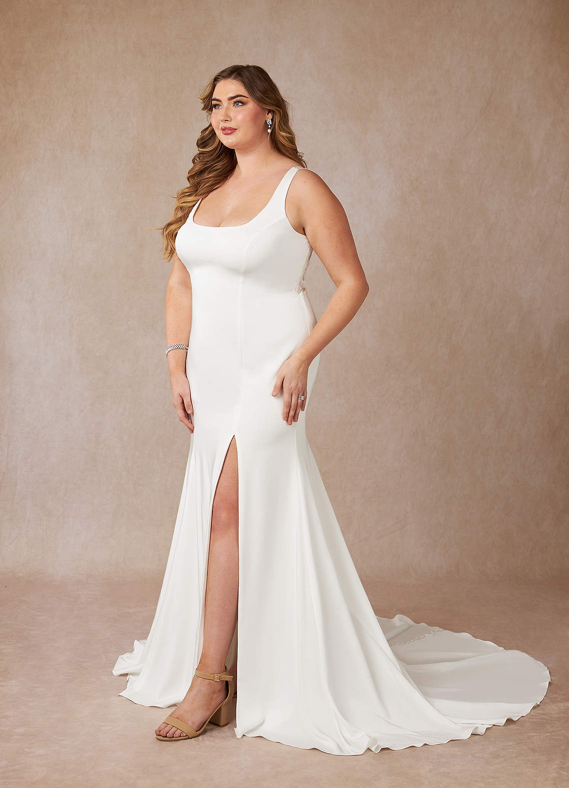 Diamond White Mermaid Scoop Sequins Crepe Back Satin Dress