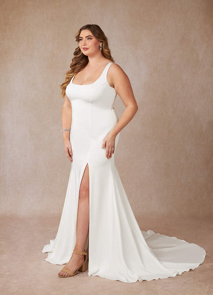 Diamond White Mermaid Scoop Sequins Crepe Back Satin Dress