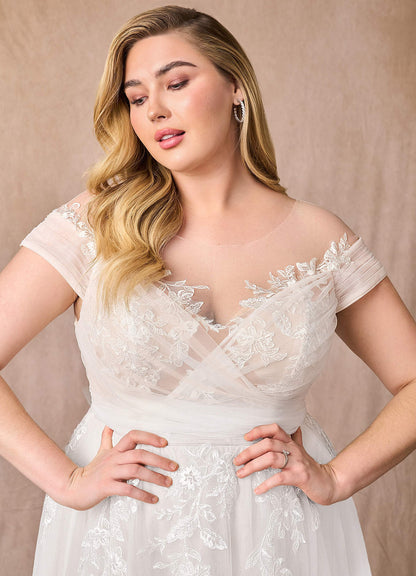 Diamond White A-Line Illusion Off-The-Shouler Lace Tulle Dress
