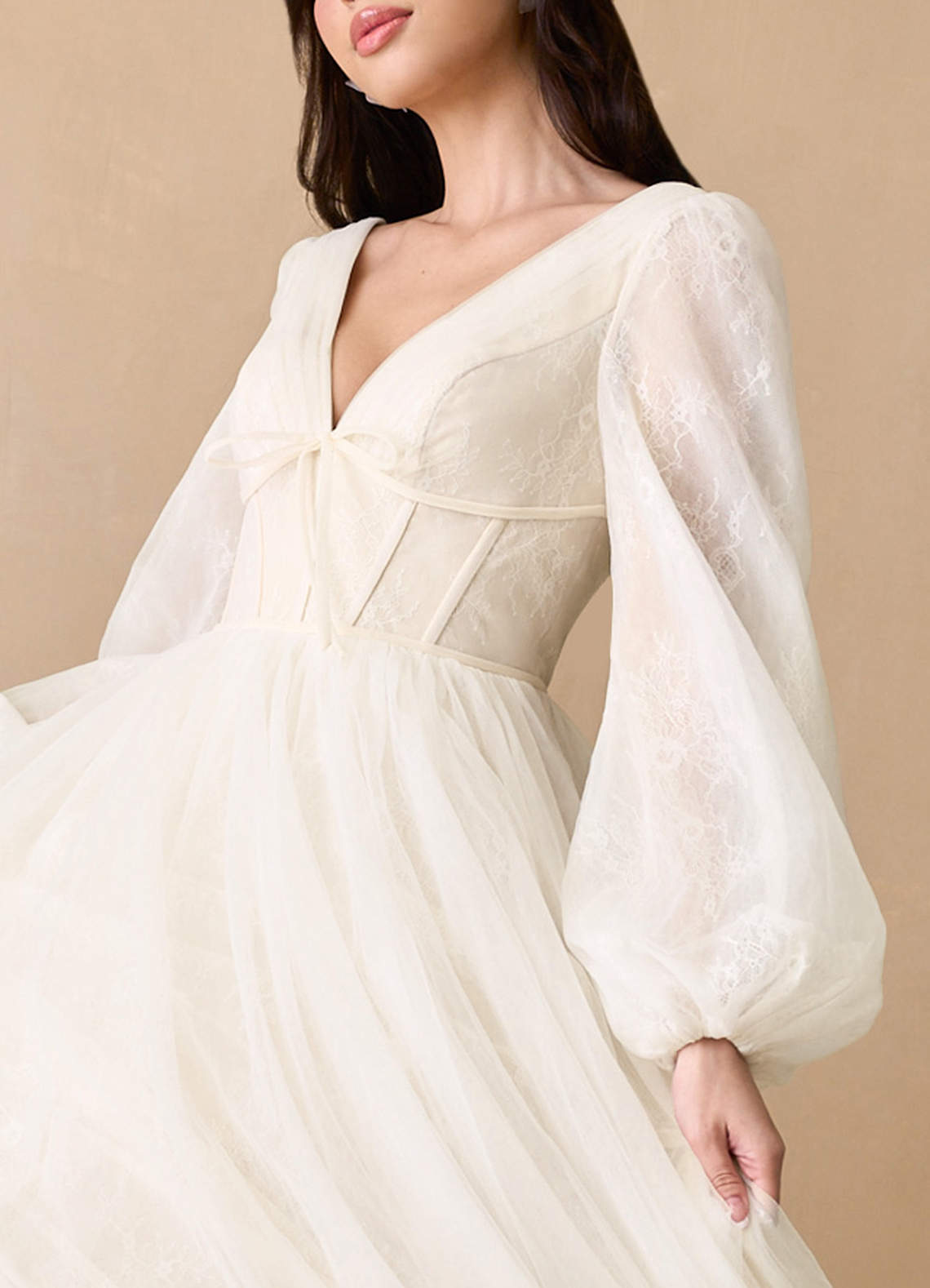 Diamond White Champagne Ball-Gown Lace Tulle Dress