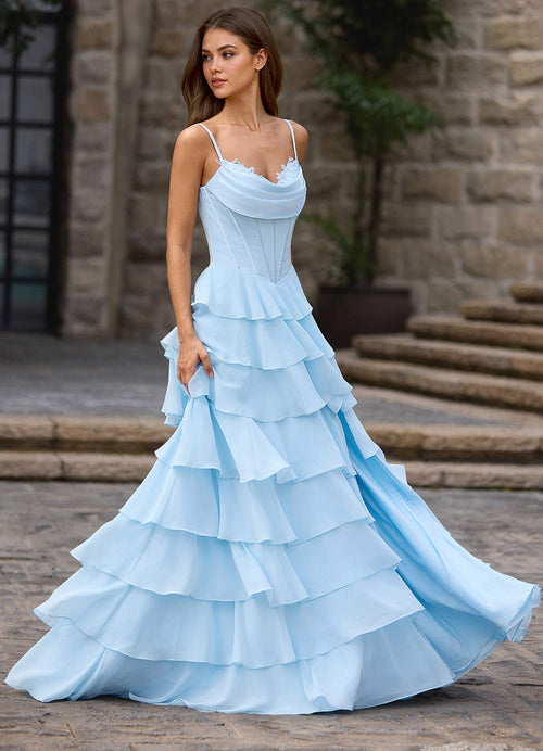 Floralace Sky Blue Ruffled A-Line Prom Dress
