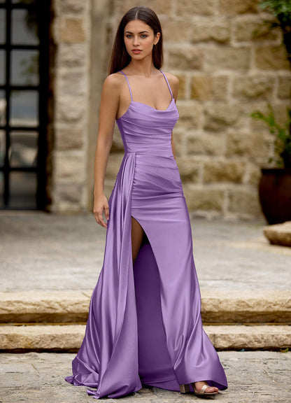 Drape Lavender Satin Prom Dress