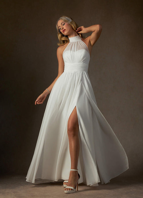 Diamond White A-Line Pleated Chiffon Dress