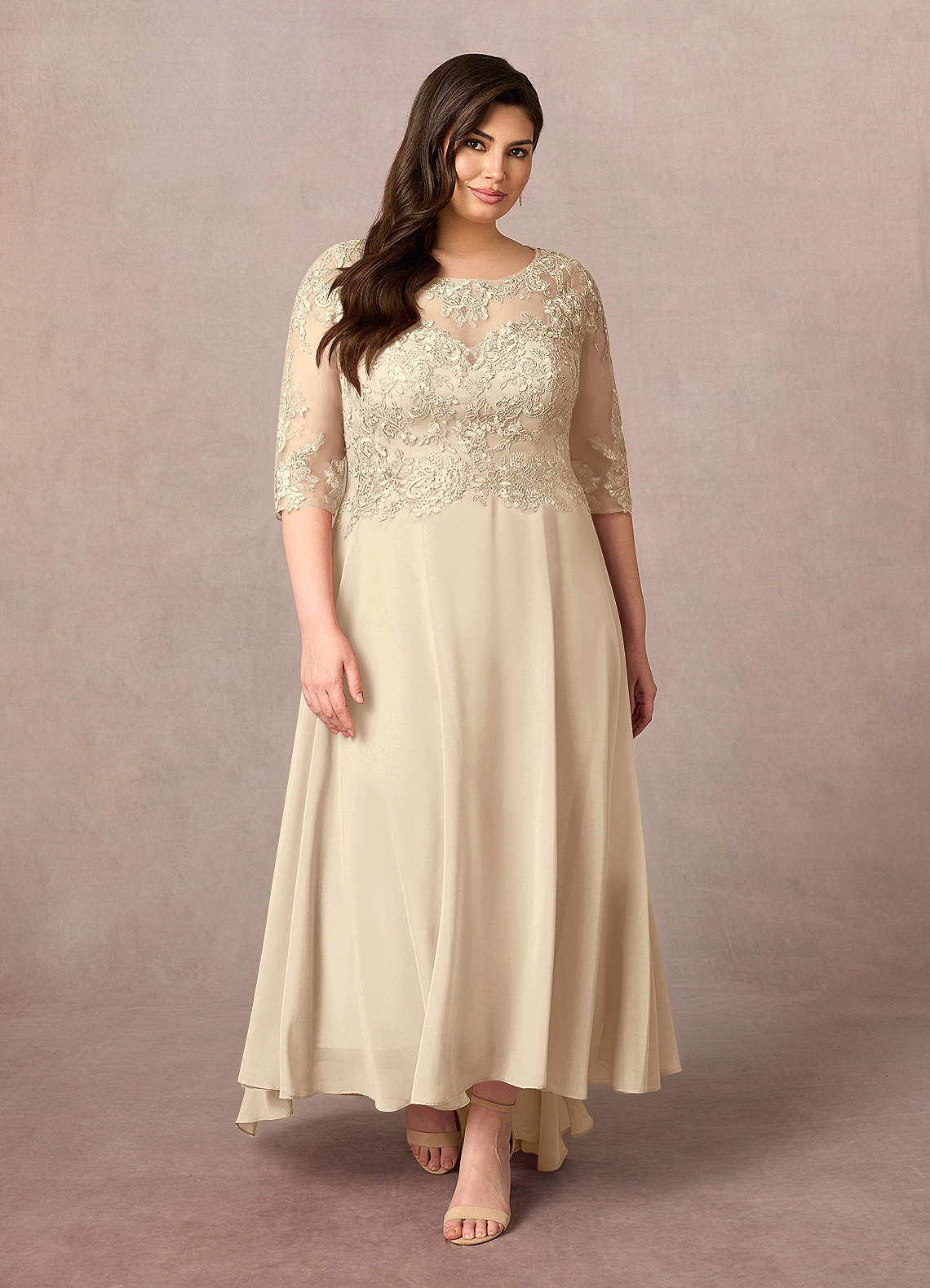 Champagne A-Line Lace Chiffon Dress