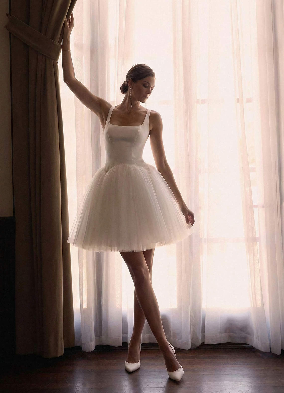 Diamond White A-Line Square Neckline Tulle Dress