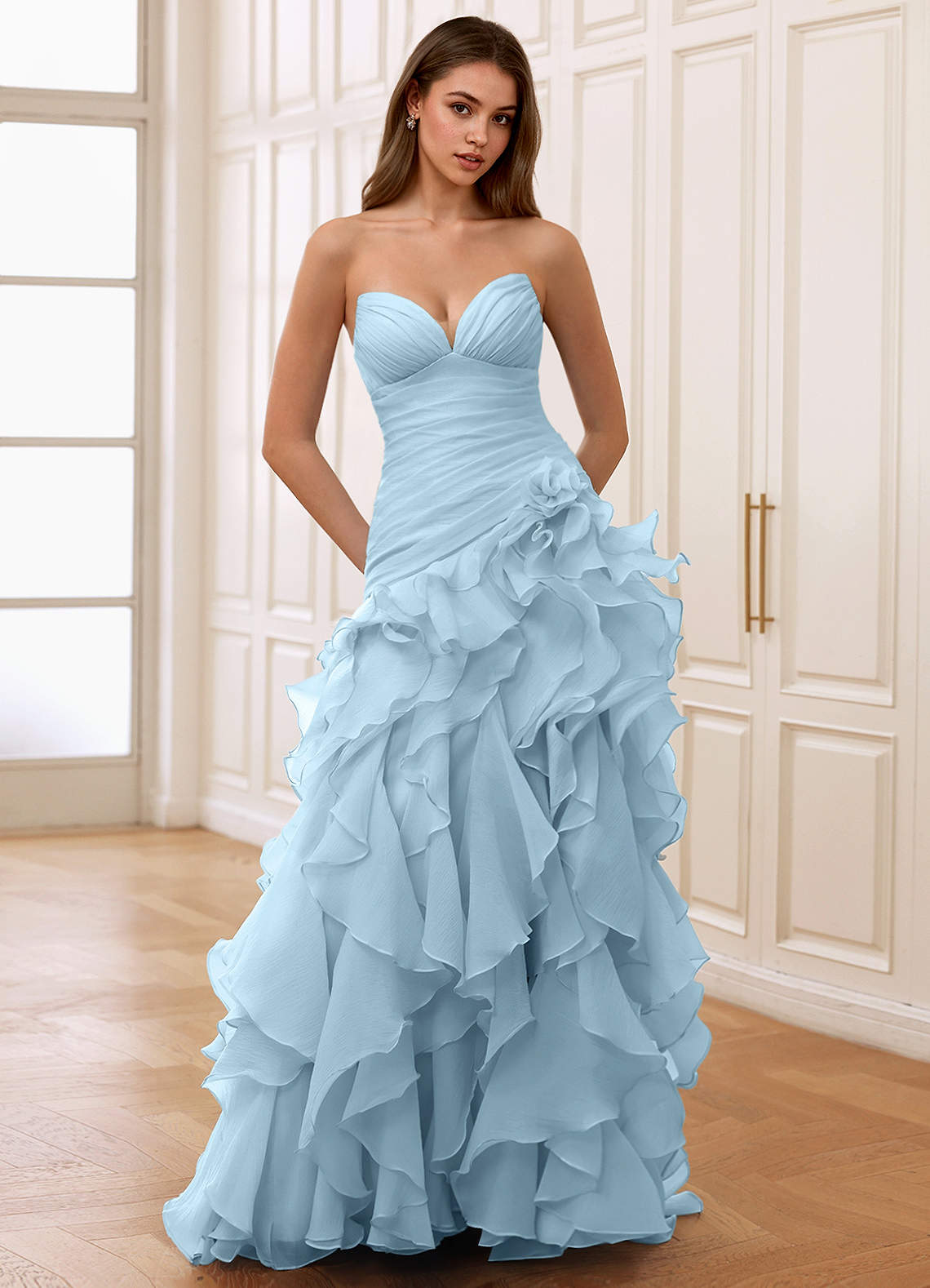 Christabelle Shy Blue Corset Rhinestone Sheer Lace Prom Dress