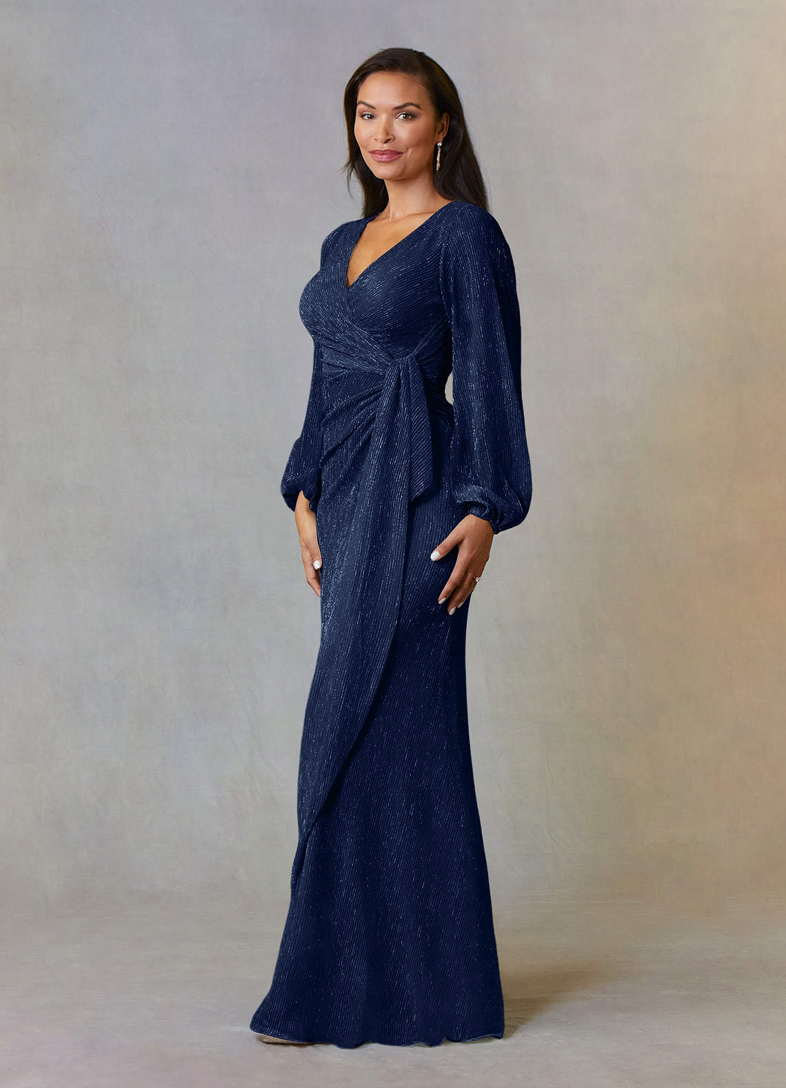 Dark Navy A-Line Ruched Metallic Mesh Dress