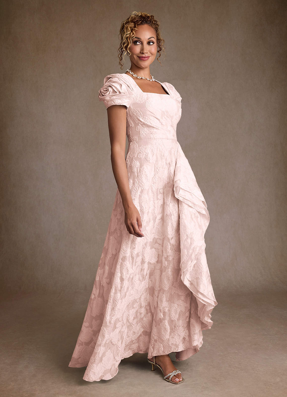 Light Pink Jacquard A-Line Pleated Floral Jacquard Dress