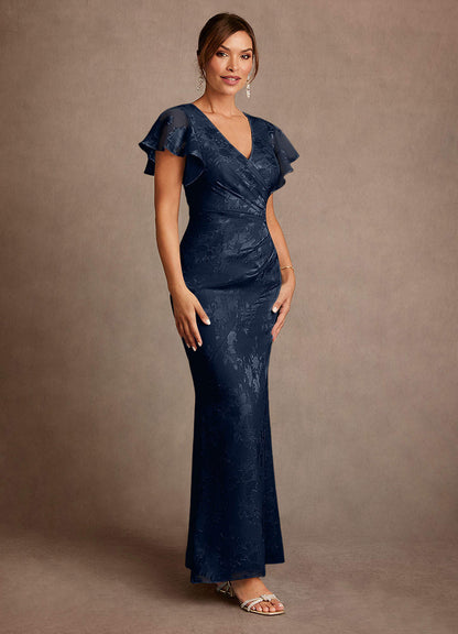 Dark Navy Sheath Pleated Floral Jacquard Dress