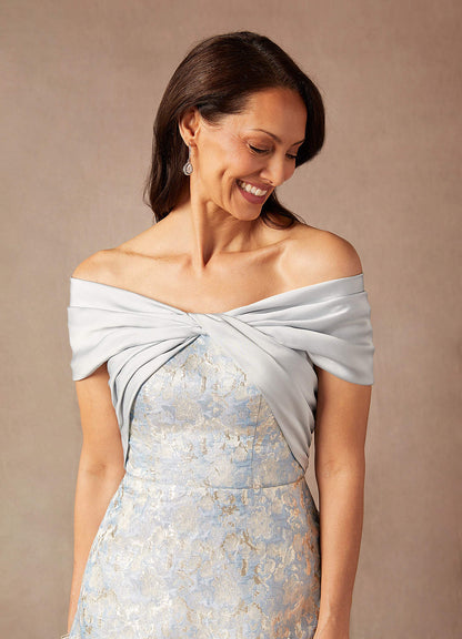Dusty Blue A-Line Off the Shoulder Jacquard Dress