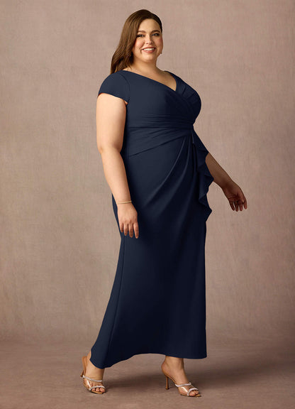 Dark Navy Mermaid V-Neck Pleated Stretch Crepe Dress
