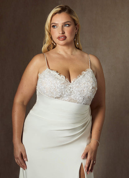 Diamond White Mermaid V-Neck Sequins Stretch Satin Dress