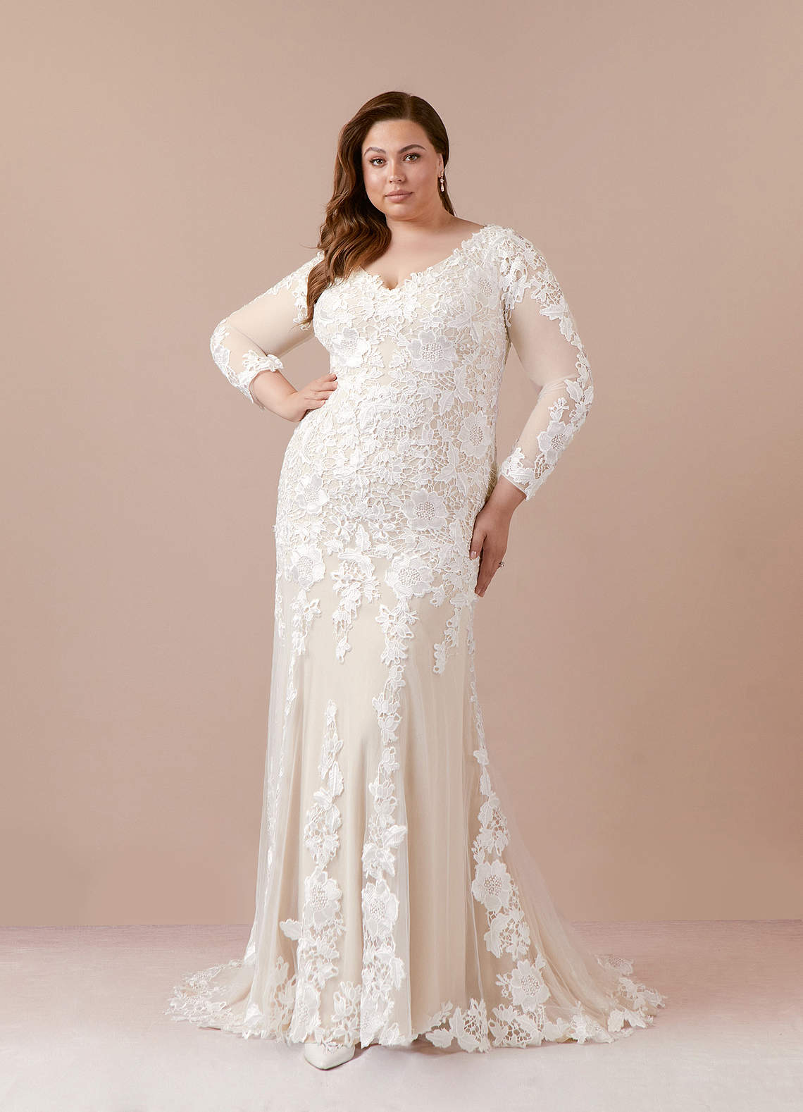 Diamond White Champagne Mermaid V-Neck lace Tulle Dress
