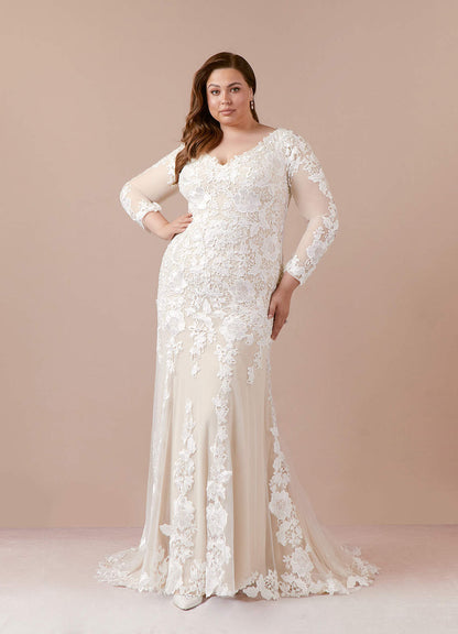 Diamond White Champagne Mermaid V-Neck lace Tulle Dress