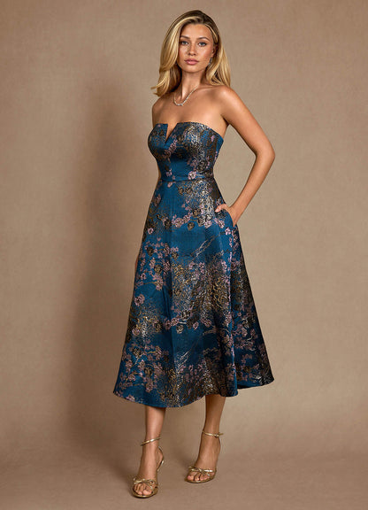 Teal Floral A-Line Pleated Brocade Dress