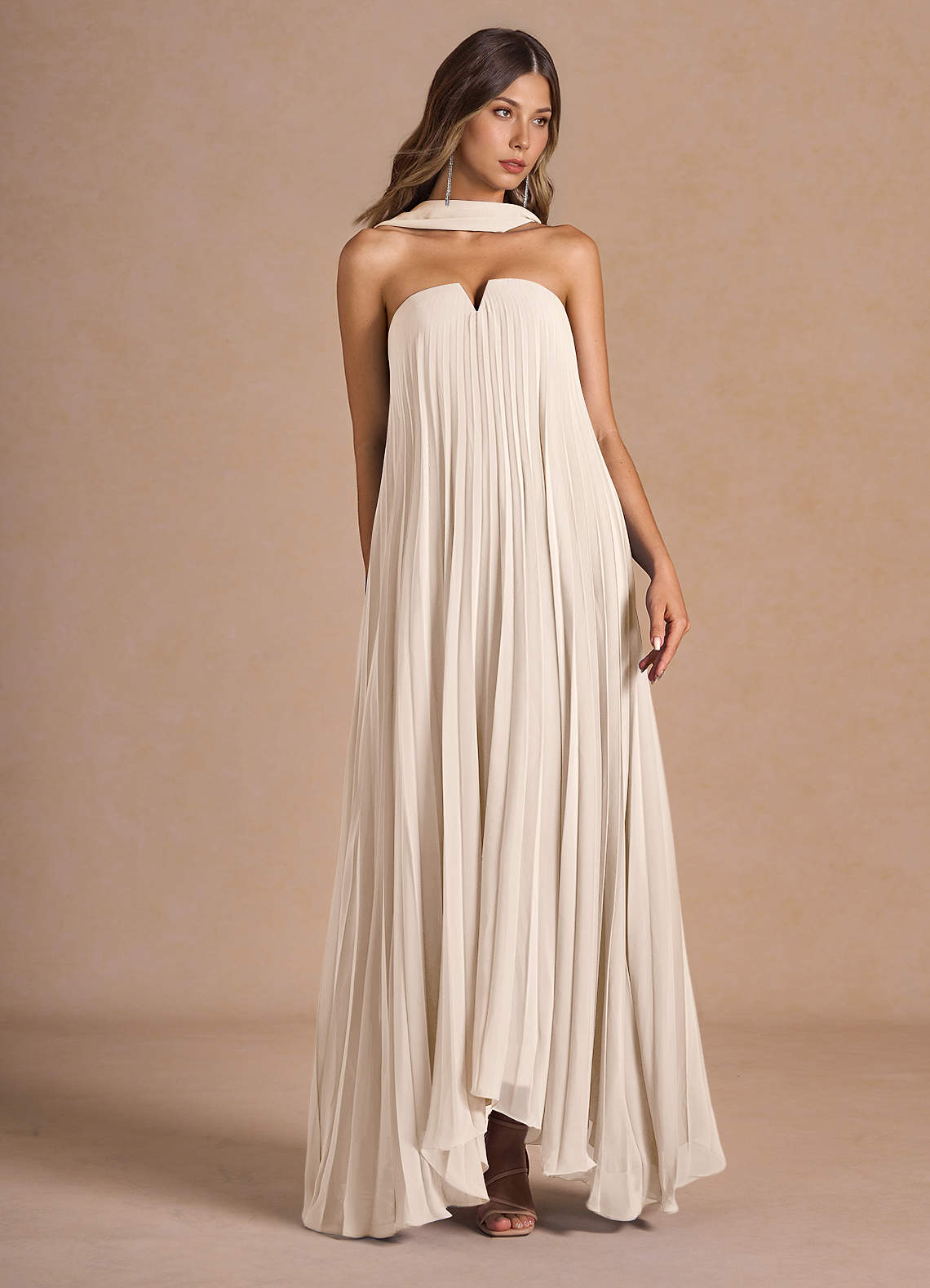 Nahla Cream Allover Pleated Maxi Dress  Dress