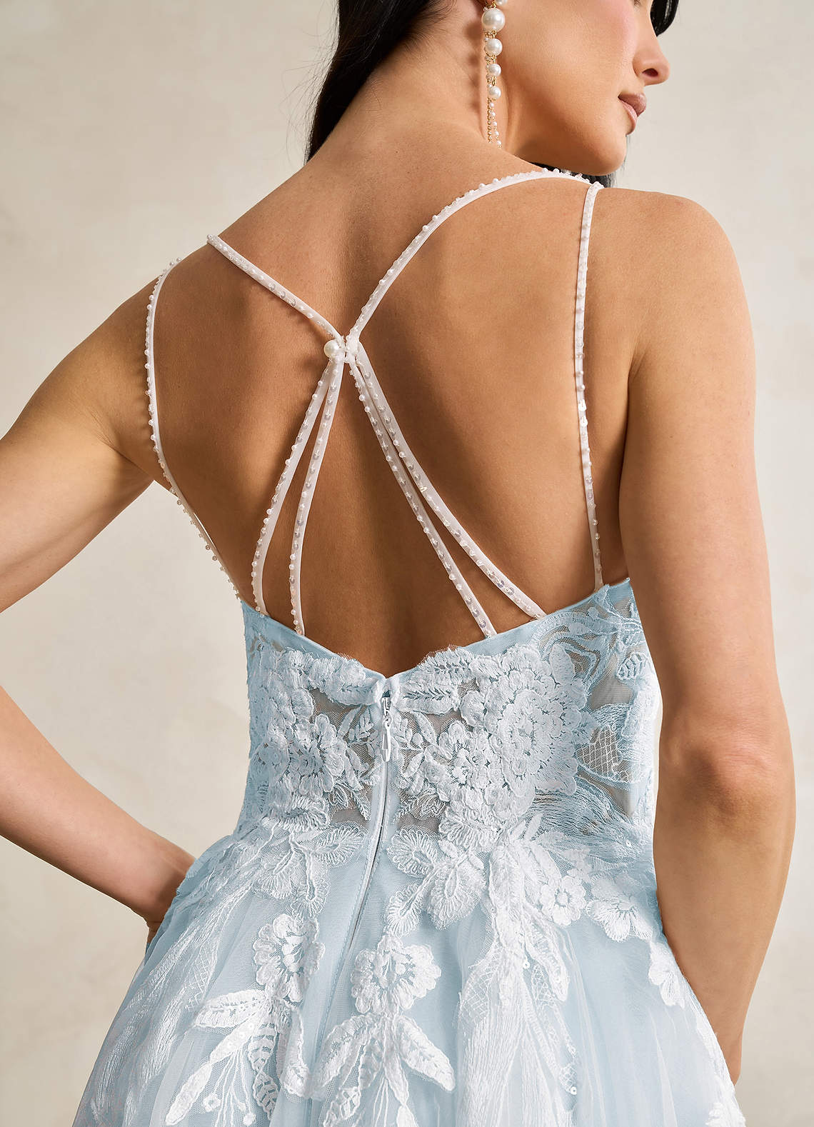 Misty Blue A-Line V-Neck Sequins Tulle Dress
