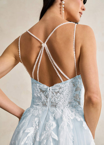 Misty Blue A-Line V-Neck Sequins Tulle Dress