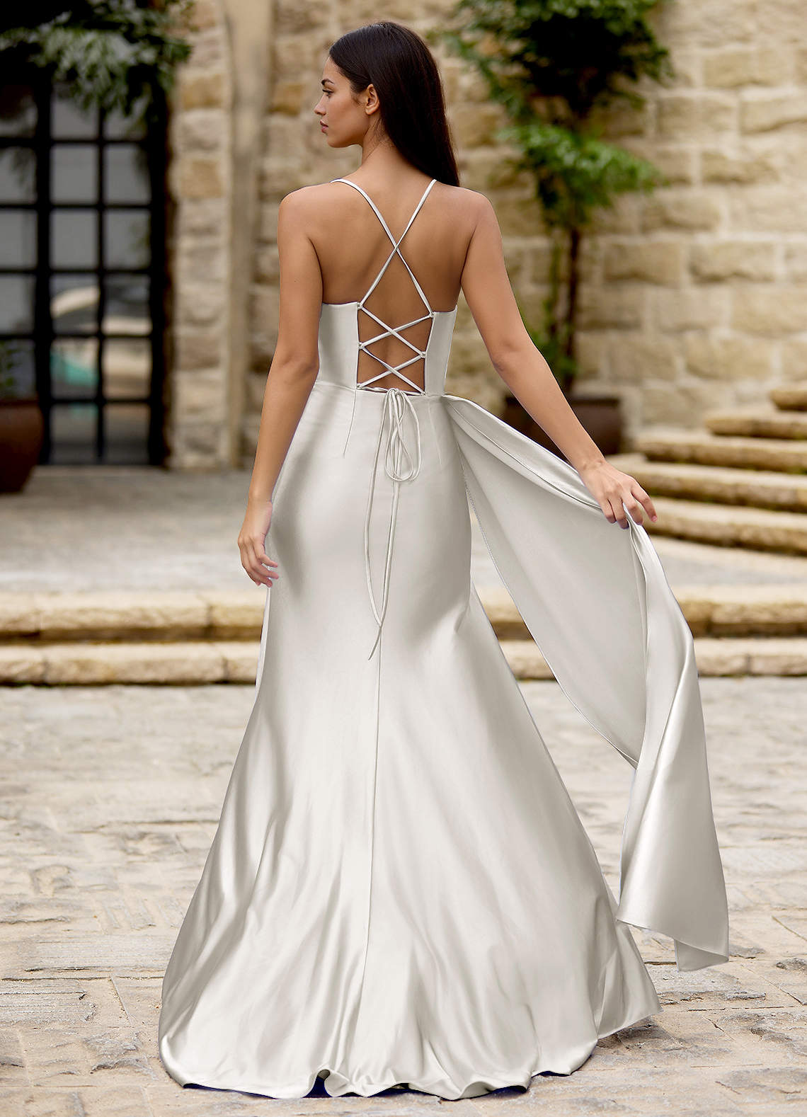 Drape White Satin Prom Dress