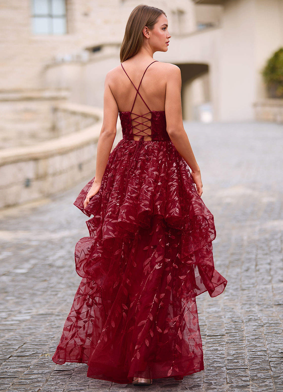 Valentina Burgundy Embroidered Jacquard Sheer Prom Dress  Dress