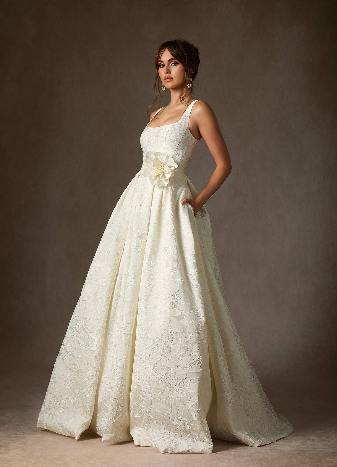 Antique White Ball-Gown with Pockets Floral Jacquard Dress